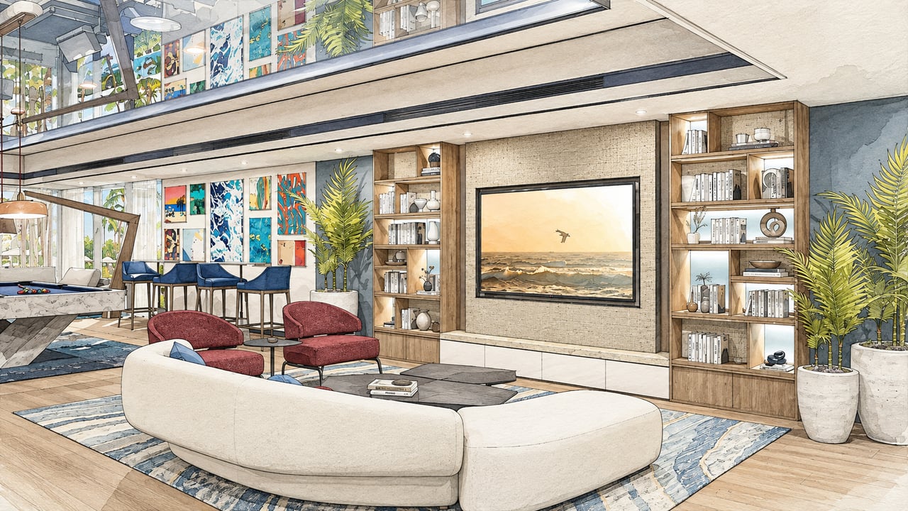 Rendered double-height lounge with a curved white sectional, red chairs, built-in bookshelves, and colorful art.