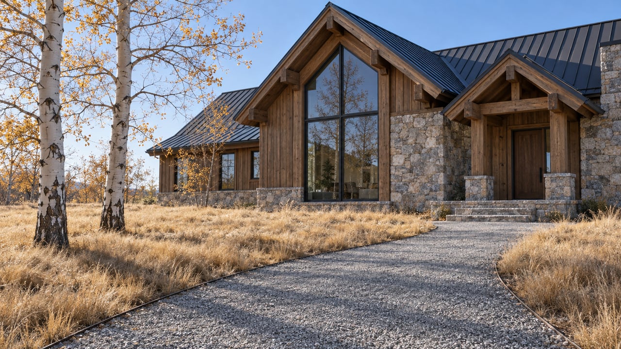 A steep-roofed timber and stone home beyond a dormant meadow, with a gravel approach and two mostly bare aspens in crisp autumn light.