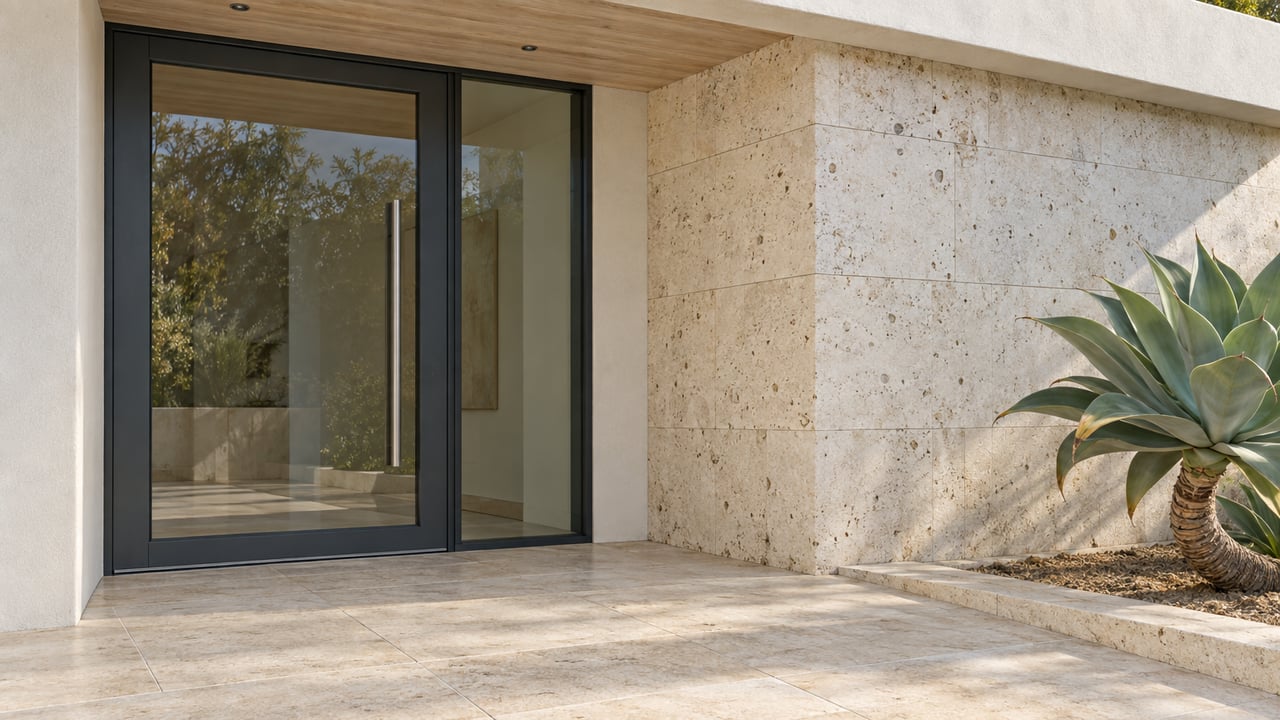 Contemporary recessed glass entrance with limestone paving, pale timber soffit and a sculptural agave.