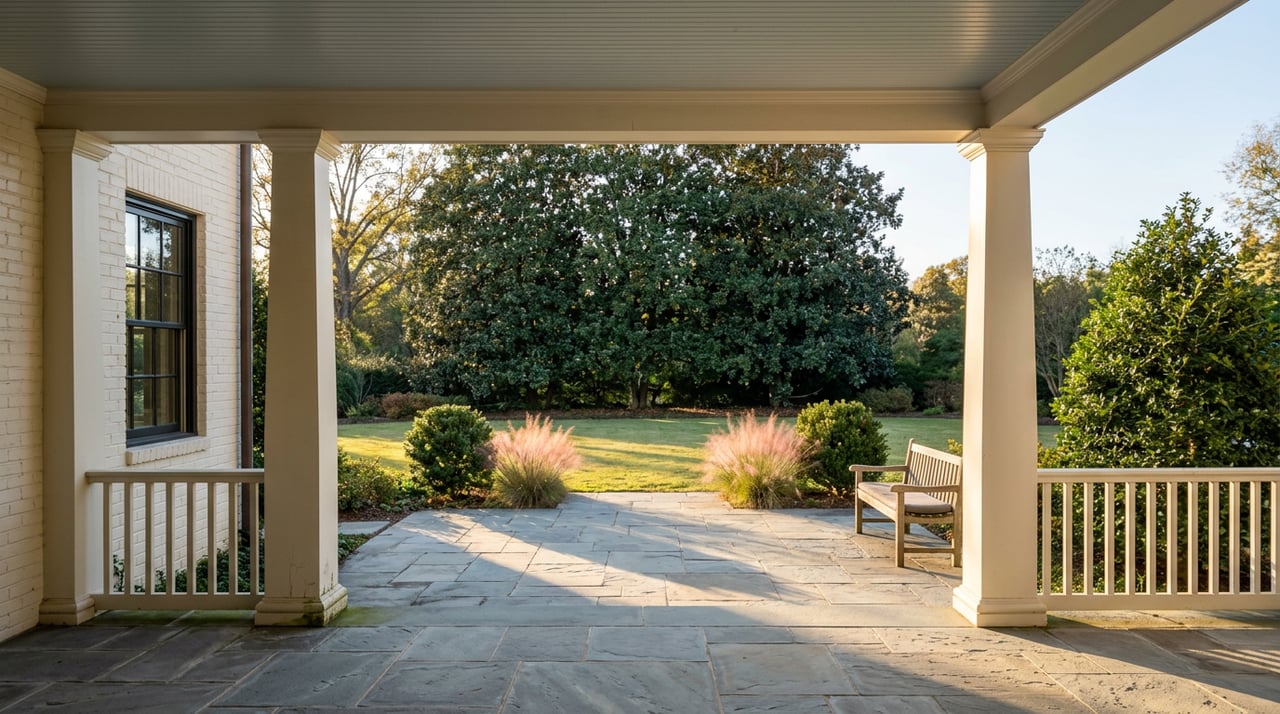 Covered portico opens onto a bluestone terrace and lawn, with a teak bench beneath a mature magnolia.