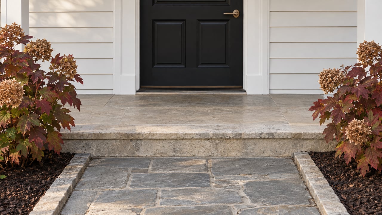 White clapboard home with a matte-black paneled entry door, worn limestone stoop and stone walkway bordered by autumn oakleaf hydrangeas.