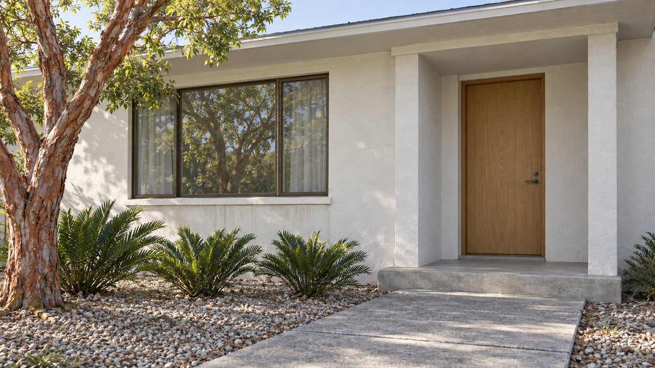 Renovated stucco house with an oak entry, broad window, and copper-barked tree beside its concrete walk.