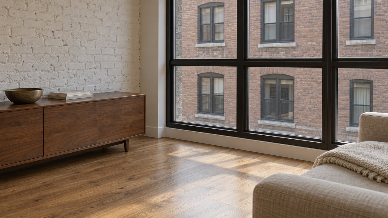 Oak-floored living room with an oatmeal sofa and walnut cabinet beside sealed windows facing a red-brown brick building.