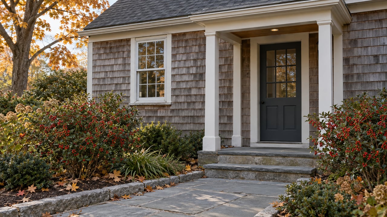 Cedar-shingled village house with recessed porch, bluestone path, and red-berried shrubs beneath amber leaves.