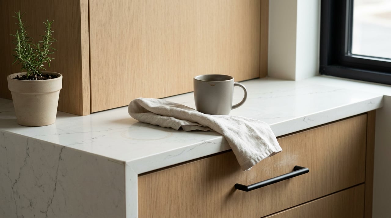 Kitchen island corner with a veined quartz counter, oak cabinet, linen towel, ceramic mug, and rosemary pot.