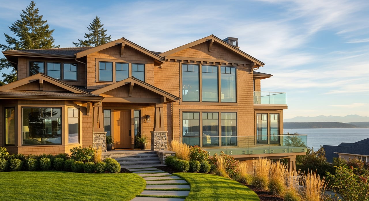 Modern cedar-sided house with large windows, a curved lawn path, and water visible beyond.