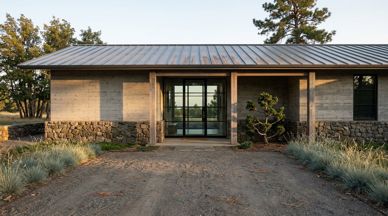 Single-story stone-and-timber home with black-framed windows, gravel court, ornamental grasses, and a ponderosa pine.
