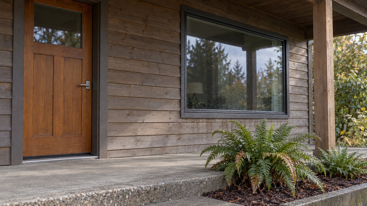 A weathered cedar-sided home's covered porch with a closed wood door, broad picture window and two sword ferns beside a raised concrete landing.