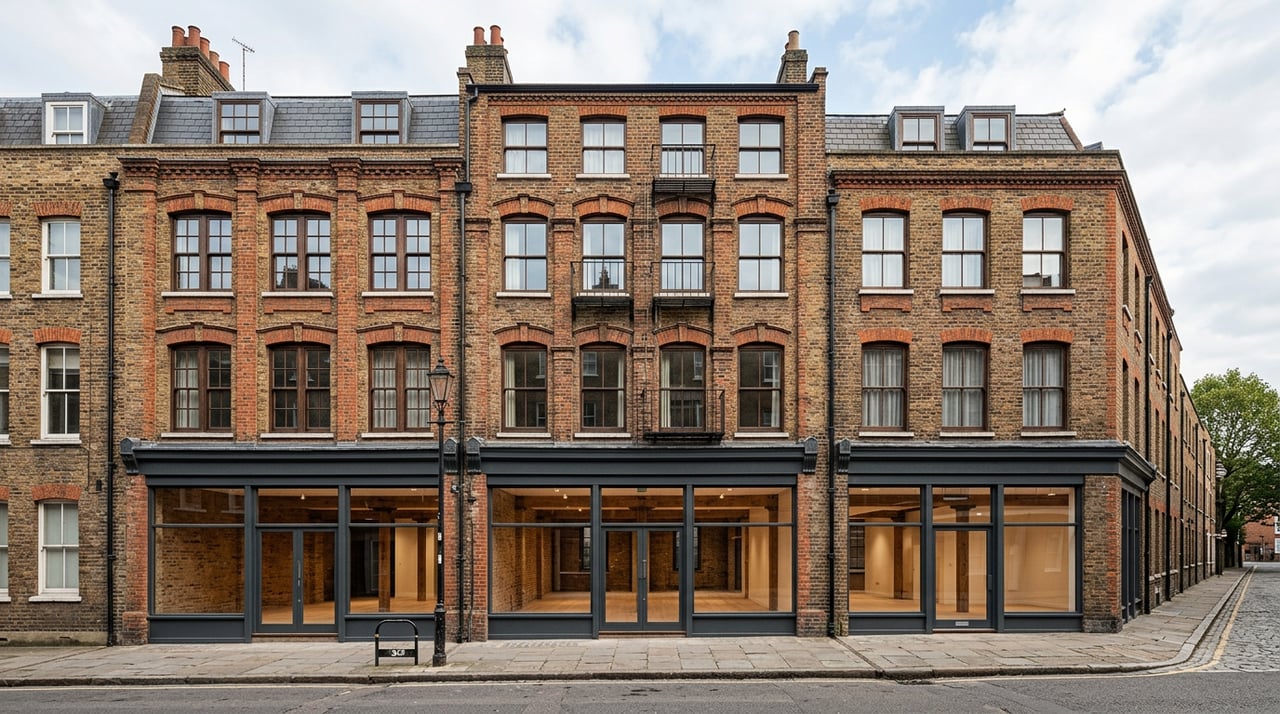 Three attached red-brown brick buildings with ground-floor storefront windows and varied upper-floor loft windows.