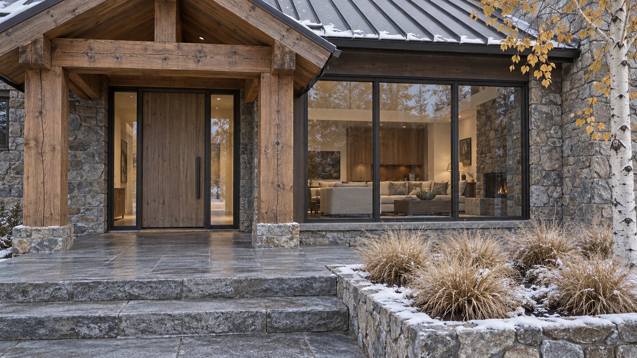 Snow-dusted timber and gray-stone home entrance with broad granite steps, bronze-framed windows and a white-barked tree.