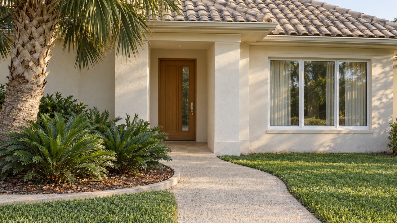 Cream stucco home with a tiled hip roof, sheltered wood entrance, shell-aggregate walkway and a sculptural palm beside a planted bed.