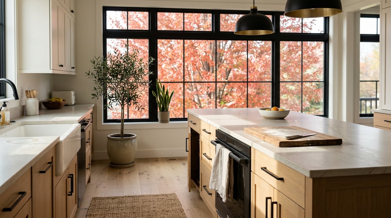 Bright kitchen with a wood island, citrus bowl, and black-framed windows overlooking red-orange maple foliage.