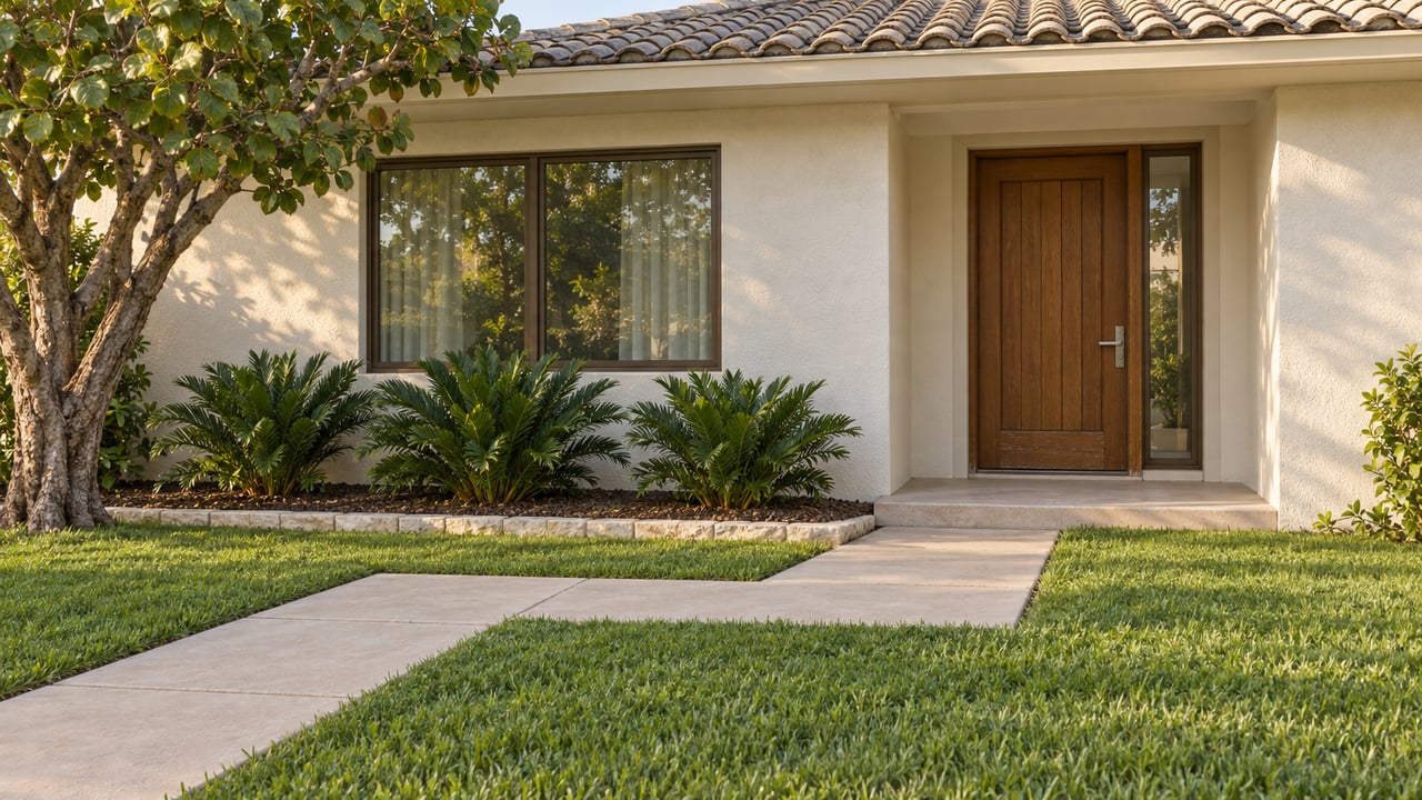 Ivory stucco home with a sand-colored tile roof, recessed timber entrance and broad lawn beside a sea grape tree.