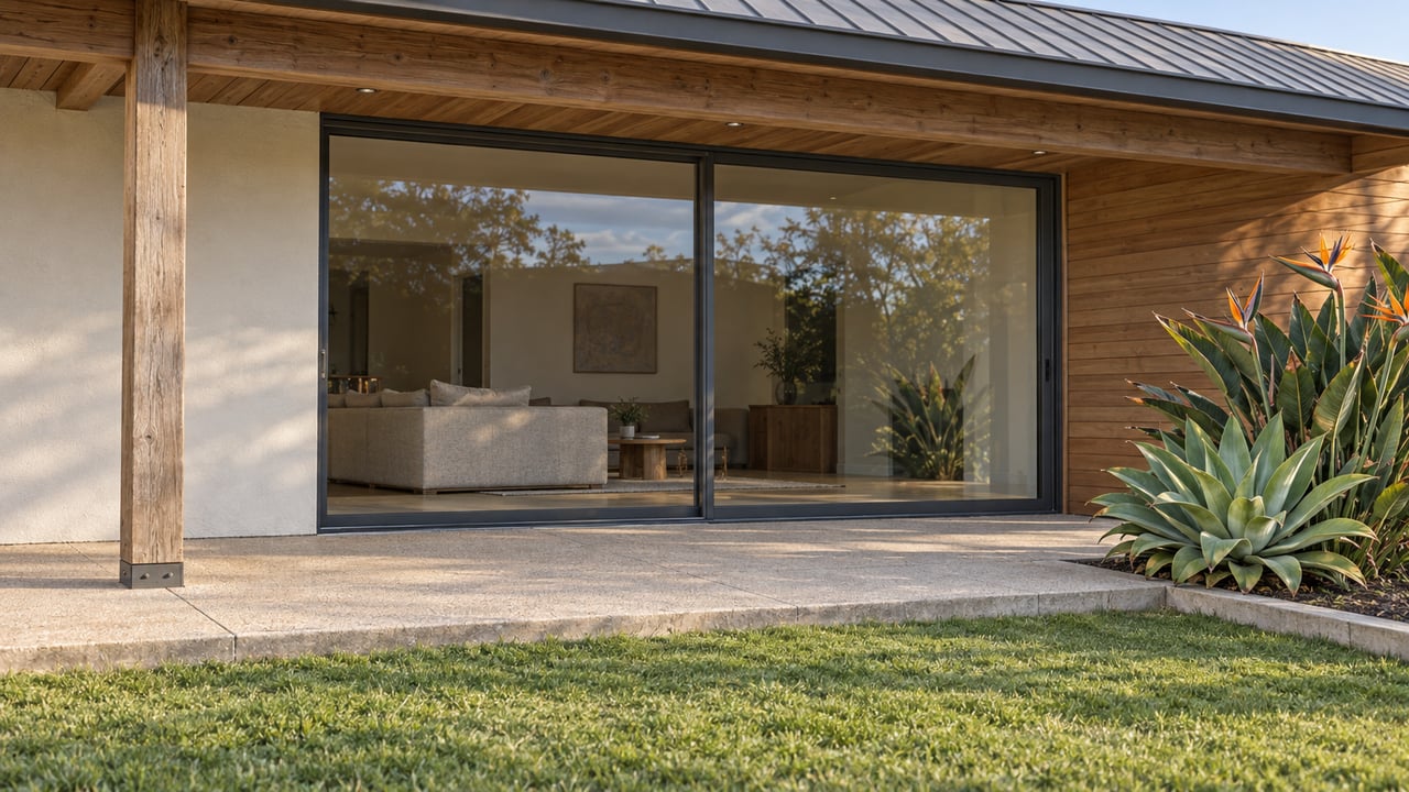 Sunlit lawn meets a sheltered concrete terrace beside timber cladding, closed glass sliders and sculptural courtyard planting.