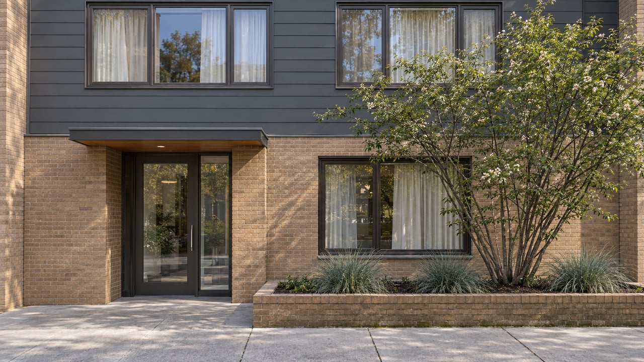 Three-story residence with a recessed glass entrance, charcoal siding, buff brick, and a sidewalk planting bed.