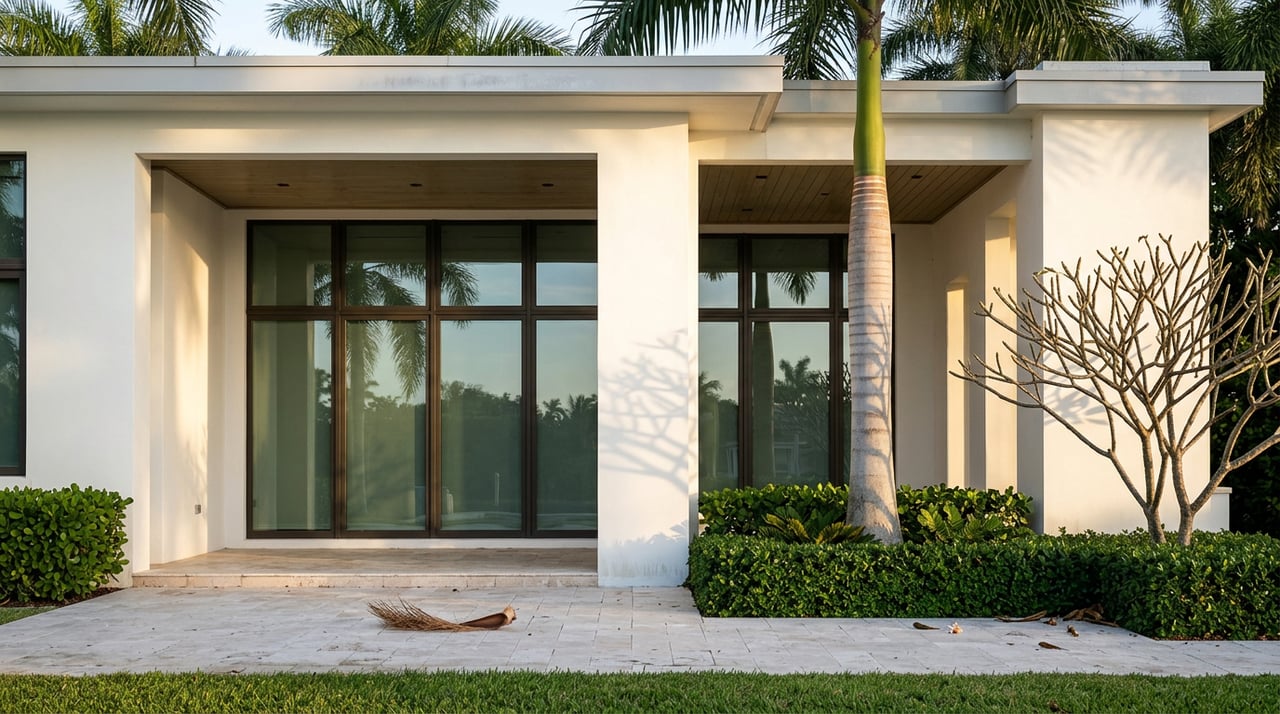 White stucco home with bronze-framed glass walls, travertine terrace, clipped hedge, and tall palm.