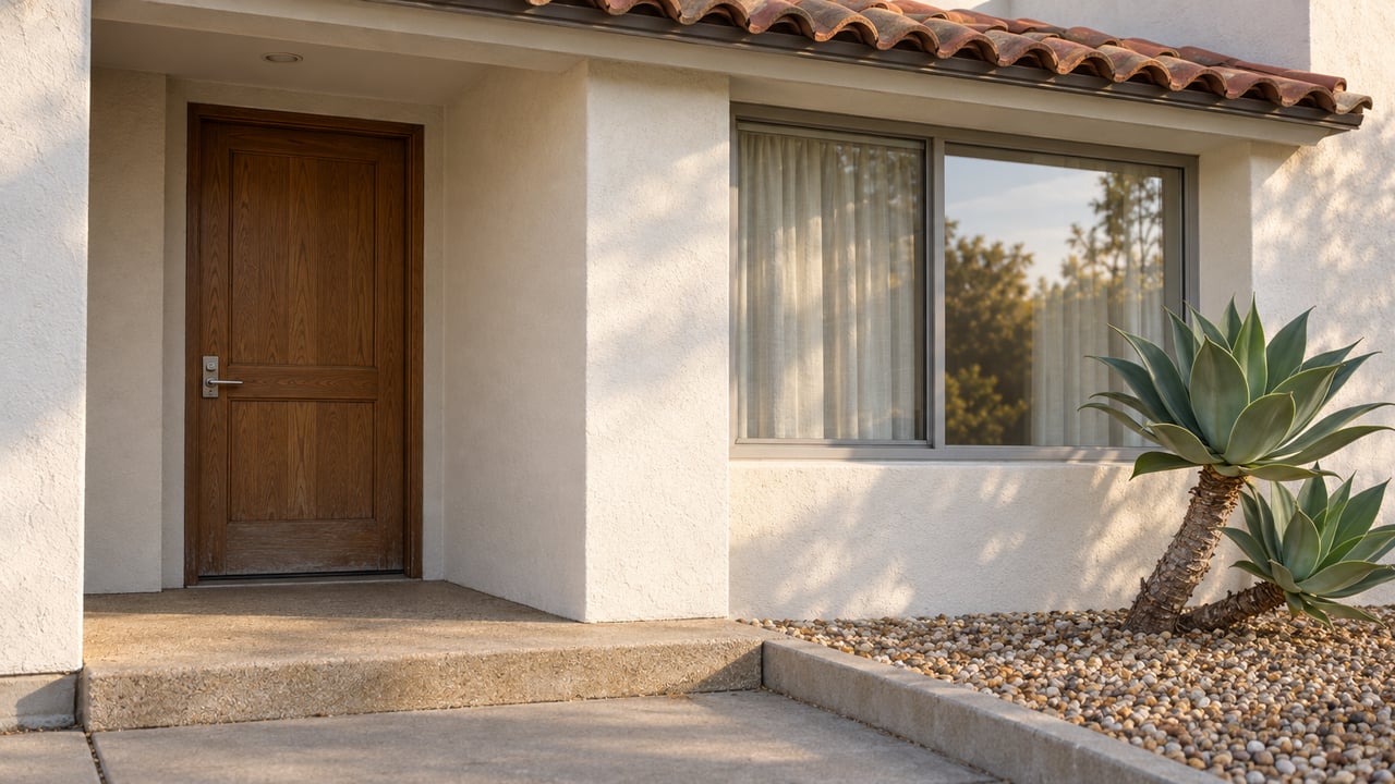 Warm afternoon light on a white stucco home entry with an oak door, terracotta roof tiles, a gray-framed window and a sculptural agave.