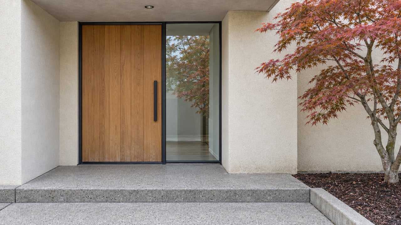 Modern covered entry with an oak door, black-framed glass sidelight, ivory stucco, concrete steps, and an amber-leaved Japanese maple.
