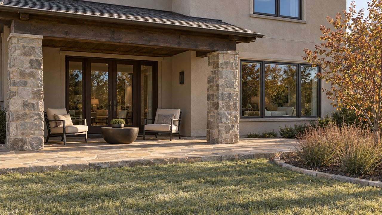 Stone piers and weathered timber frame a covered sandstone terrace beside dark-framed doors and windows, with autumn planting and lawn in front.