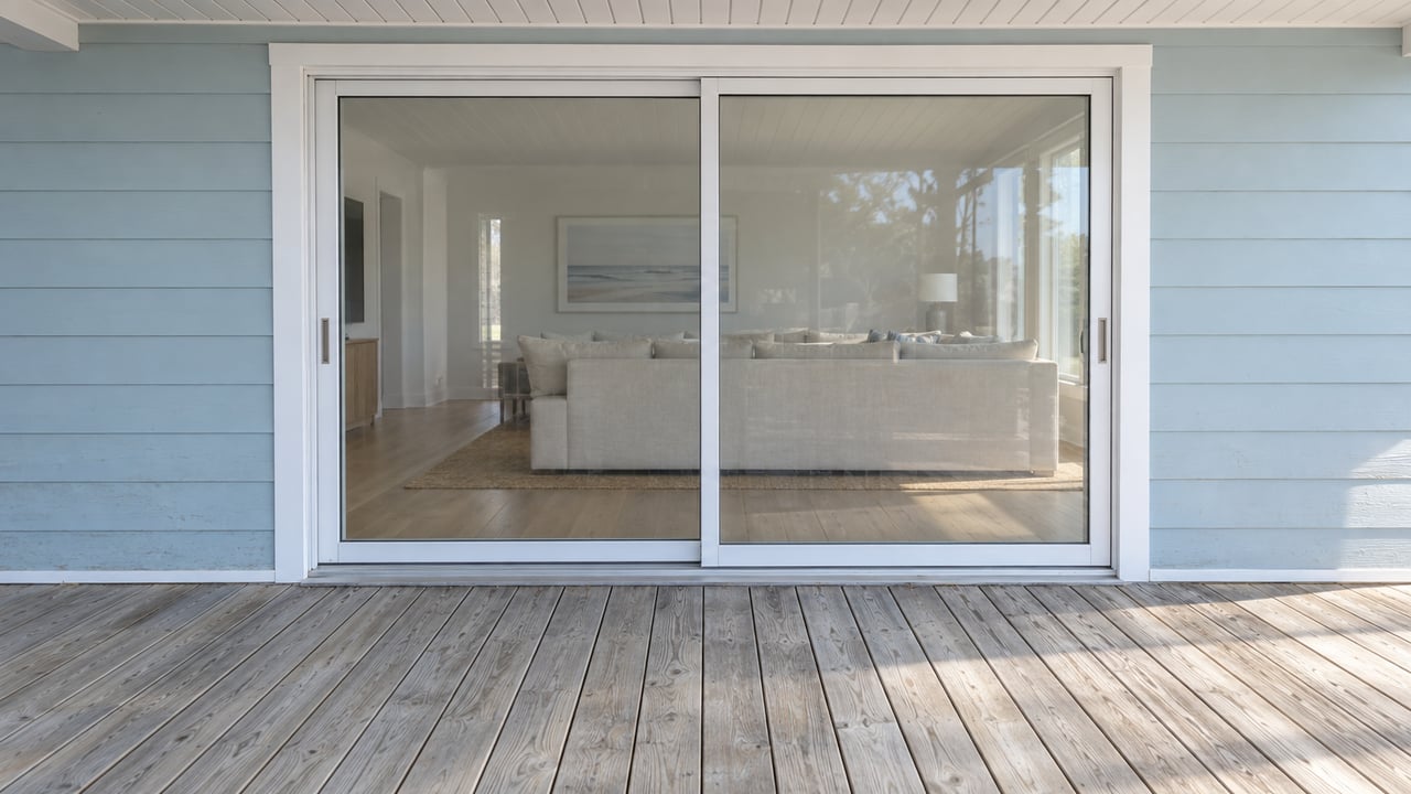 Close view of a pale-blue elevated home's covered porch, with a closed white-framed sliding glass door and silver-gray wood decking.