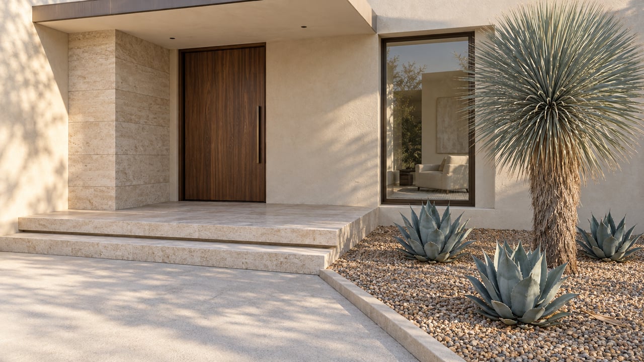 Cream stucco home with a recessed walnut entrance, limestone steps and sculptural yucca beside a broad concrete approach.