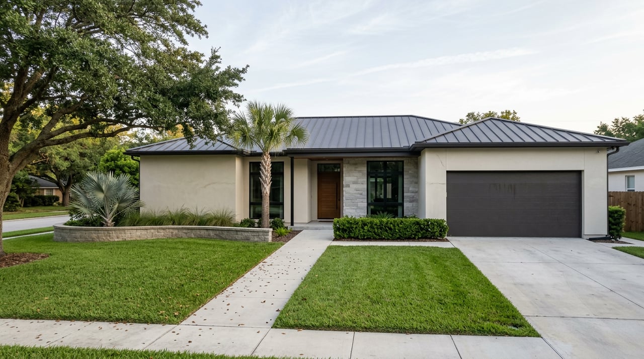 Contemporary stucco-and-stone home with charcoal metal roof, attached garage, and mature oak shading the lawn.