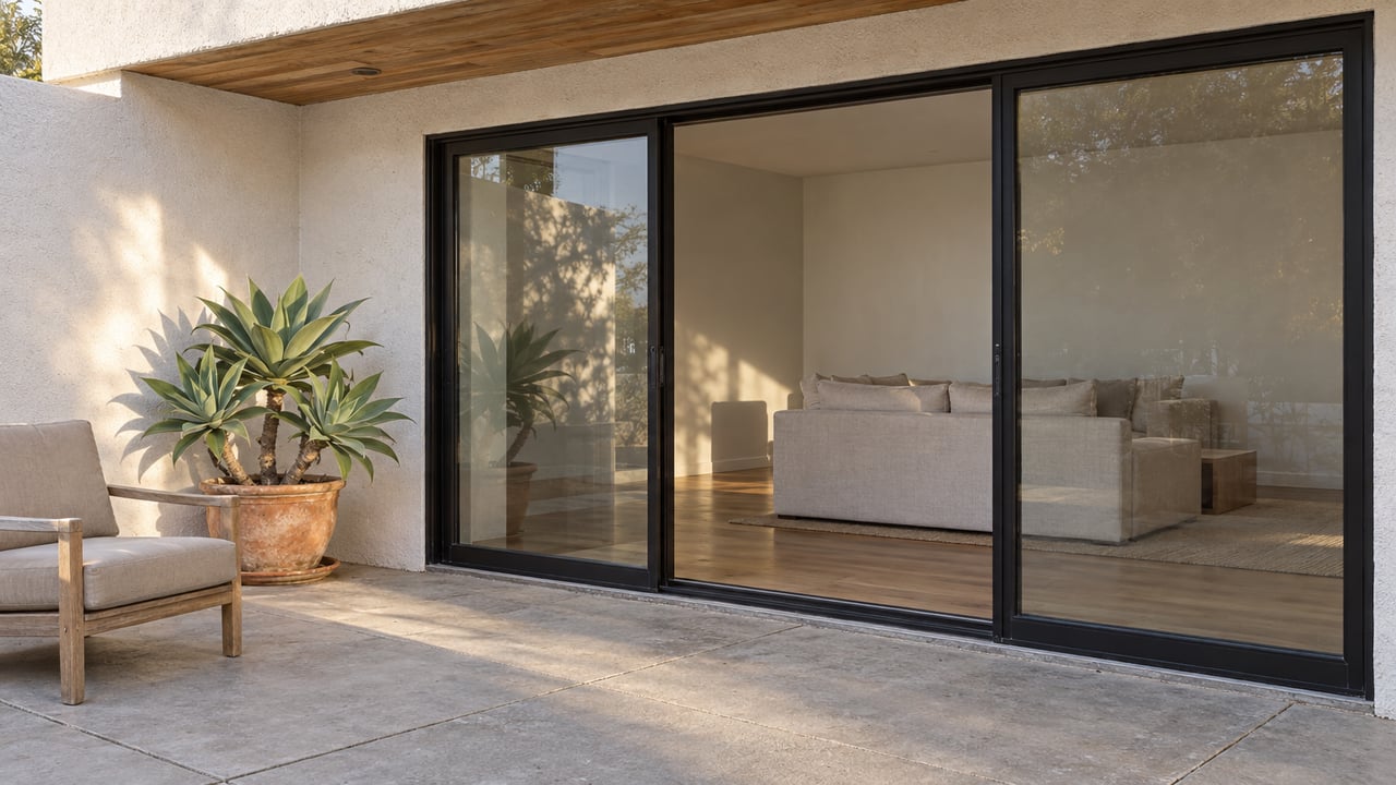 A covered terrace with weathered teak seating, an aloe in terracotta, and closed black-framed glass doors leading to a bright living room.