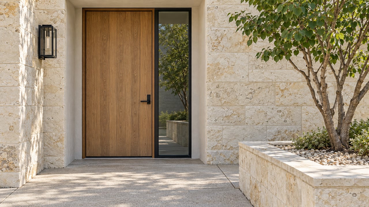 Close exterior view of a warm wood entry door, black-framed sidelight, cream limestone walls and a raised planter with a Texas redbud.
