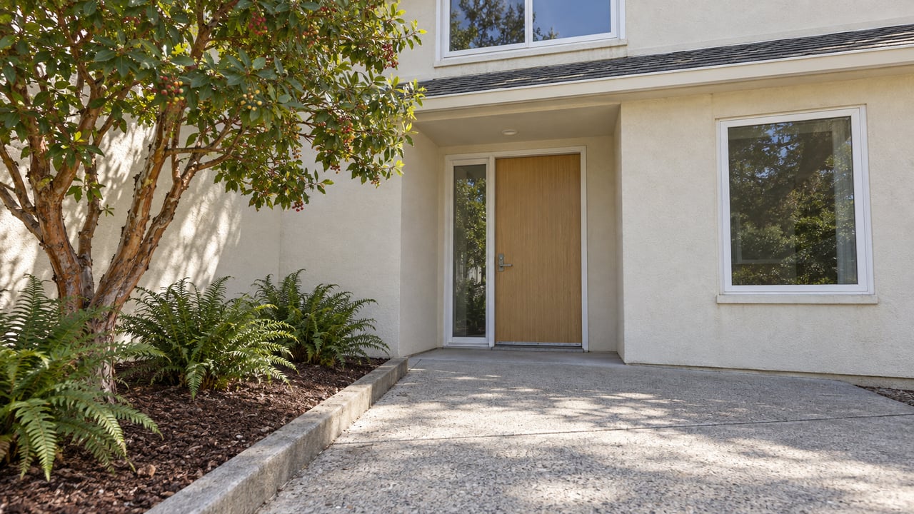 Cream-stucco condominium entrance with white-framed windows, a recessed wood-toned door and a concrete walkway beside a strawberry tree and sword ferns.