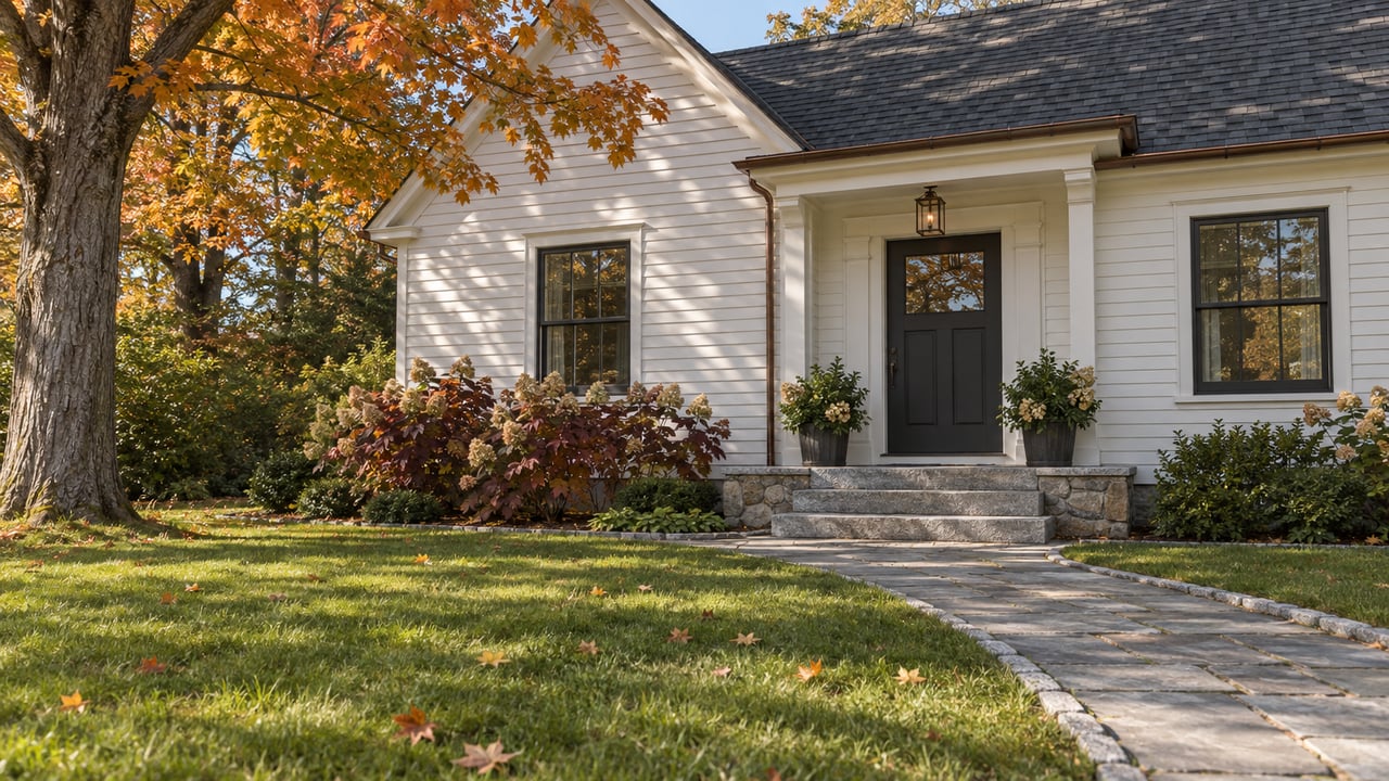 White clapboard home with granite entry steps, a bluestone approach, and autumn maple foliage across a broad front lawn.