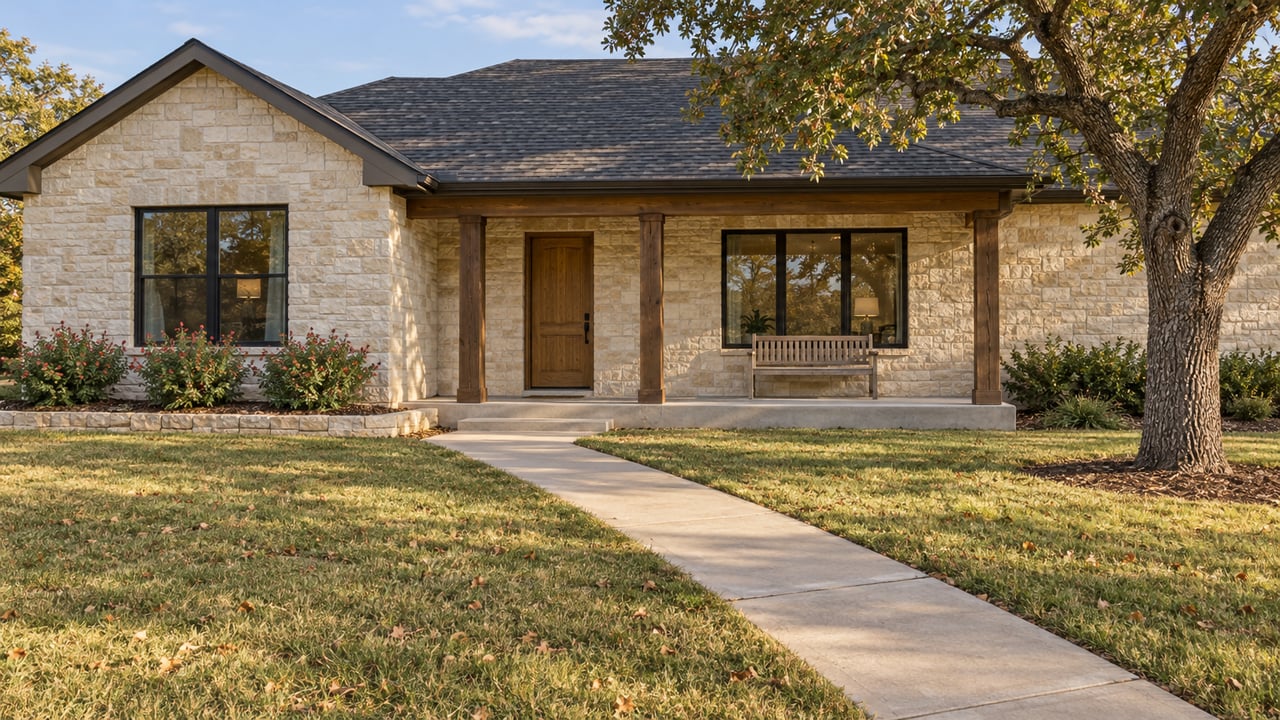 A limestone single-story home with a timber porch, broad autumn lawn, diagonal concrete walk and mature post oak in afternoon light.