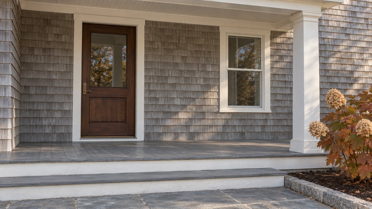 Silver-gray shingle home with a brown glazed door, ivory porch trim, worn gray steps and an autumn oakleaf hydrangea.