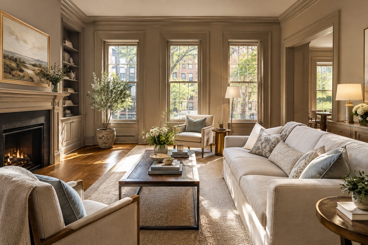 Elegantly staged living room featuring warm mushroom-taupe walls, built-in shelving, and a fireplace.