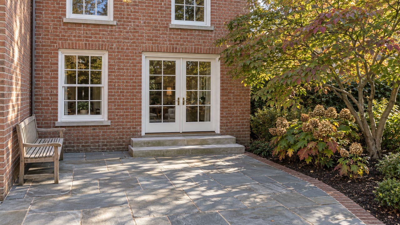 Raised view of a red-brick home's bluestone rear terrace, white divided-light doors, teak bench and dogwood with early autumn leaves.