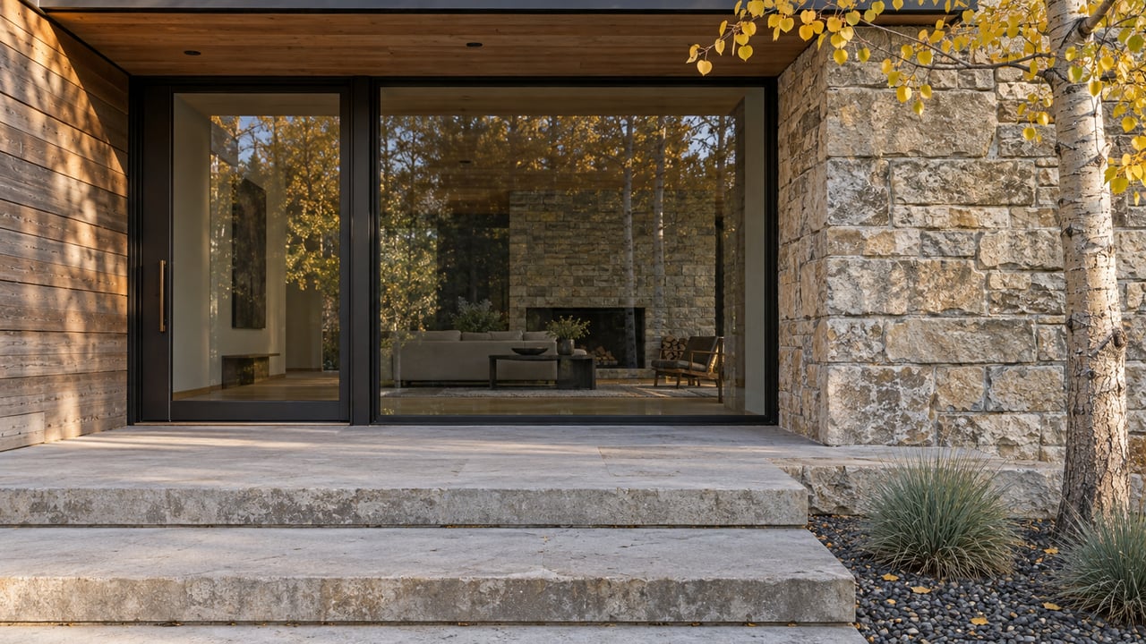 Cedar, limestone and dark-framed glass at a sheltered home entrance, with golden aspen leaves beside broad stone steps.