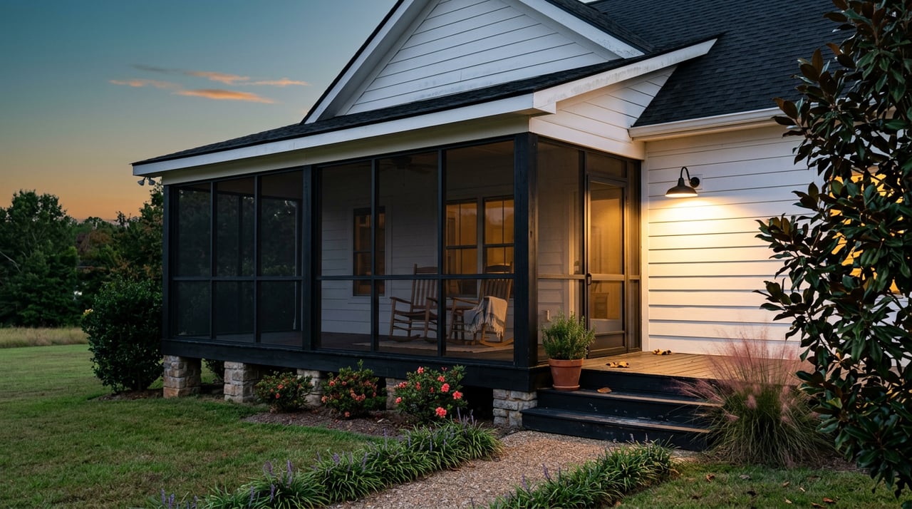 Screened porch with black-framed panels, wooden rockers, and glowing sconce beneath a gable at dusk.
