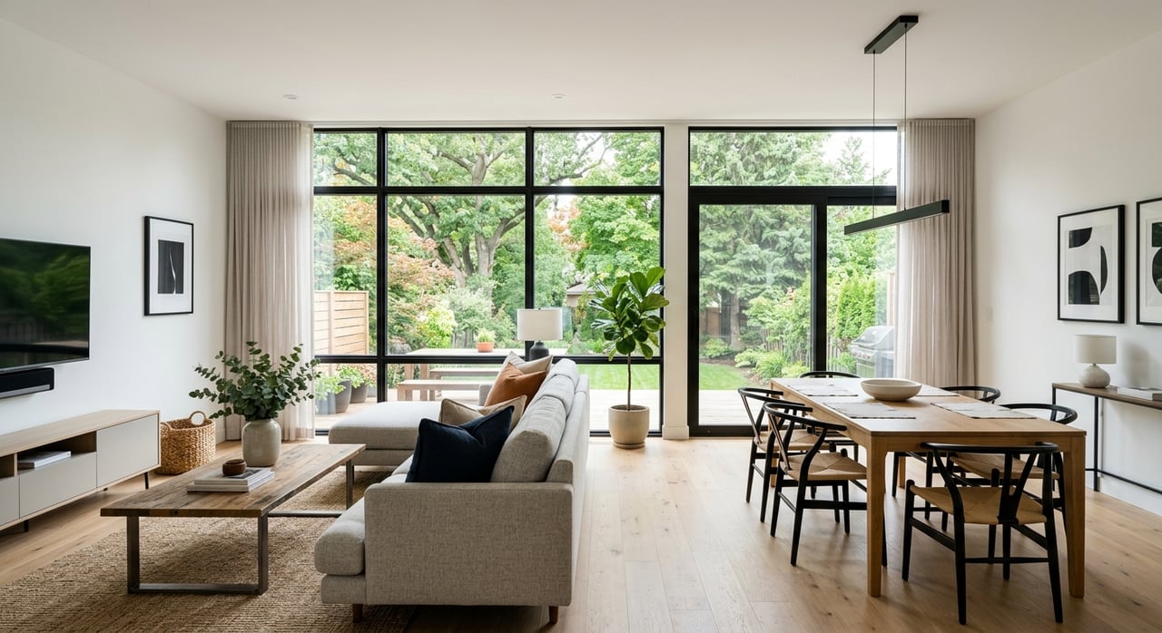 Open-plan living room with a gray sofa, oak coffee table, dining nook, and trees beyond a black-framed window.