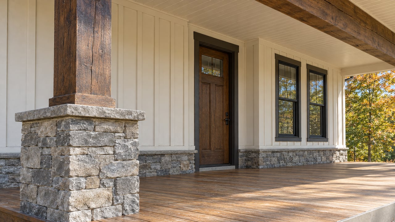 Covered porch with a timber column on a stacked-stone pier, an oak entry door, cream siding and paired dark-framed windows.