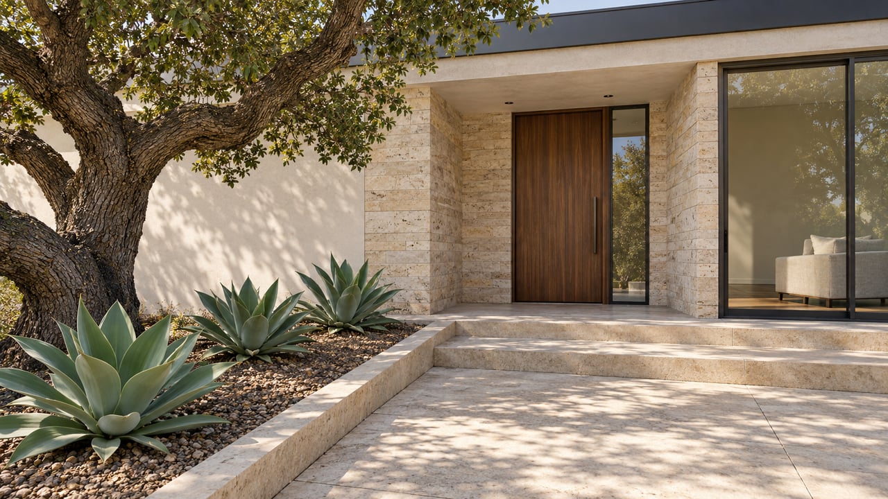 Sunlit stucco and limestone entry with a walnut door, bronze-framed glass, mature oak and three sculptural agaves beside a stone approach.