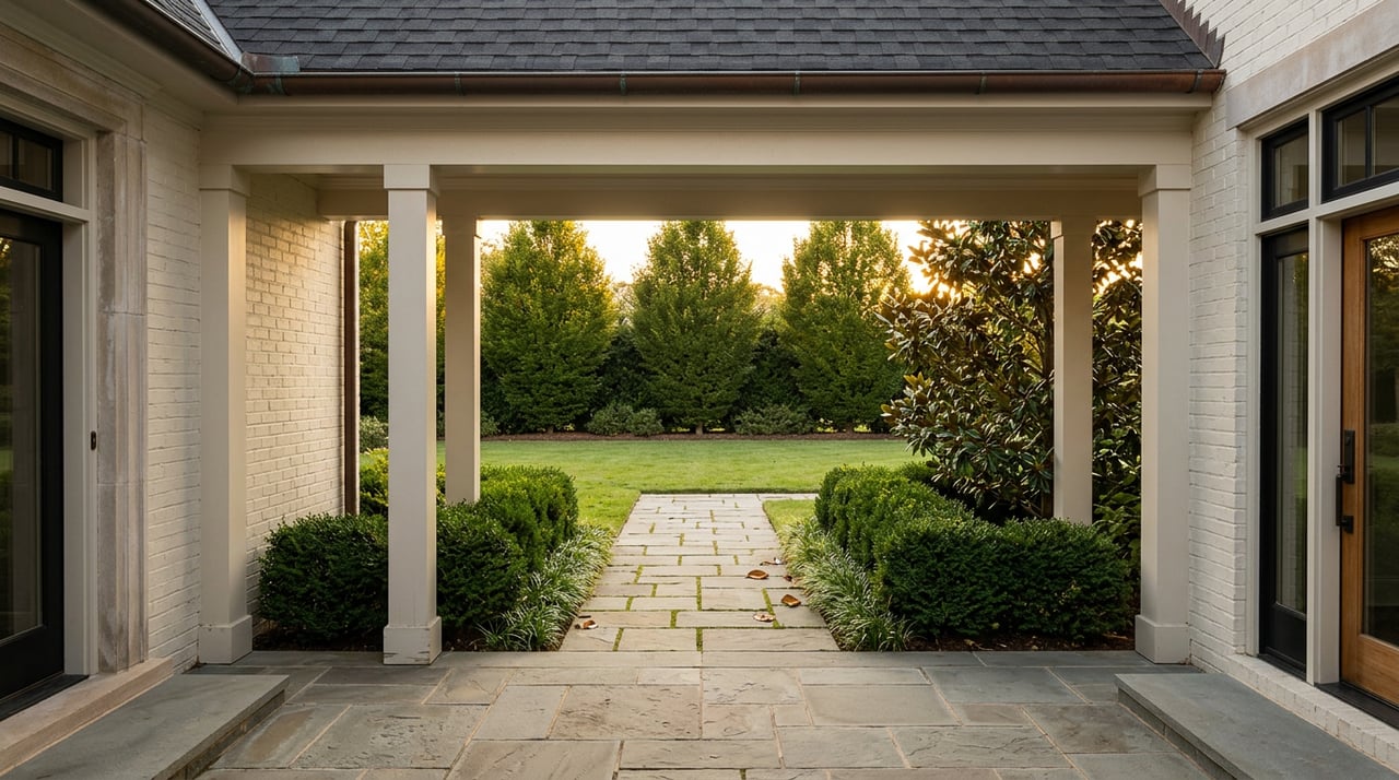 A stone walkway crosses a lawn toward a clipped hedge and columnar hornbeams, viewed from a brick portico.