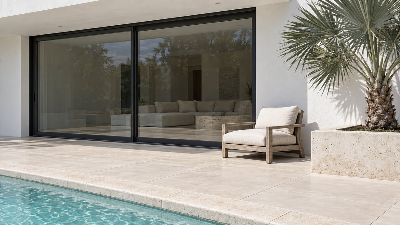 Close view of a white modern villa terrace with closed dark-framed glass doors, pale stone pool coping, a teak lounge chair and a silver fan palm.