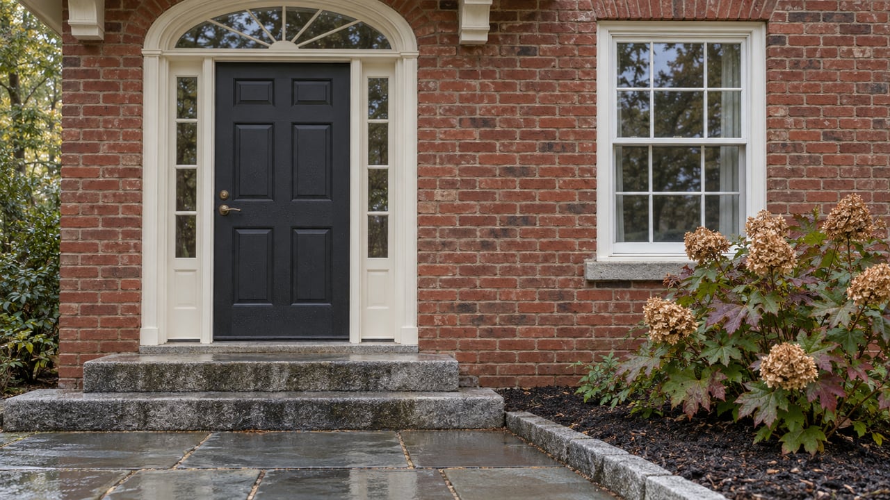 Brick home entrance with a black door, arched transom, stone steps, and wet walkway.