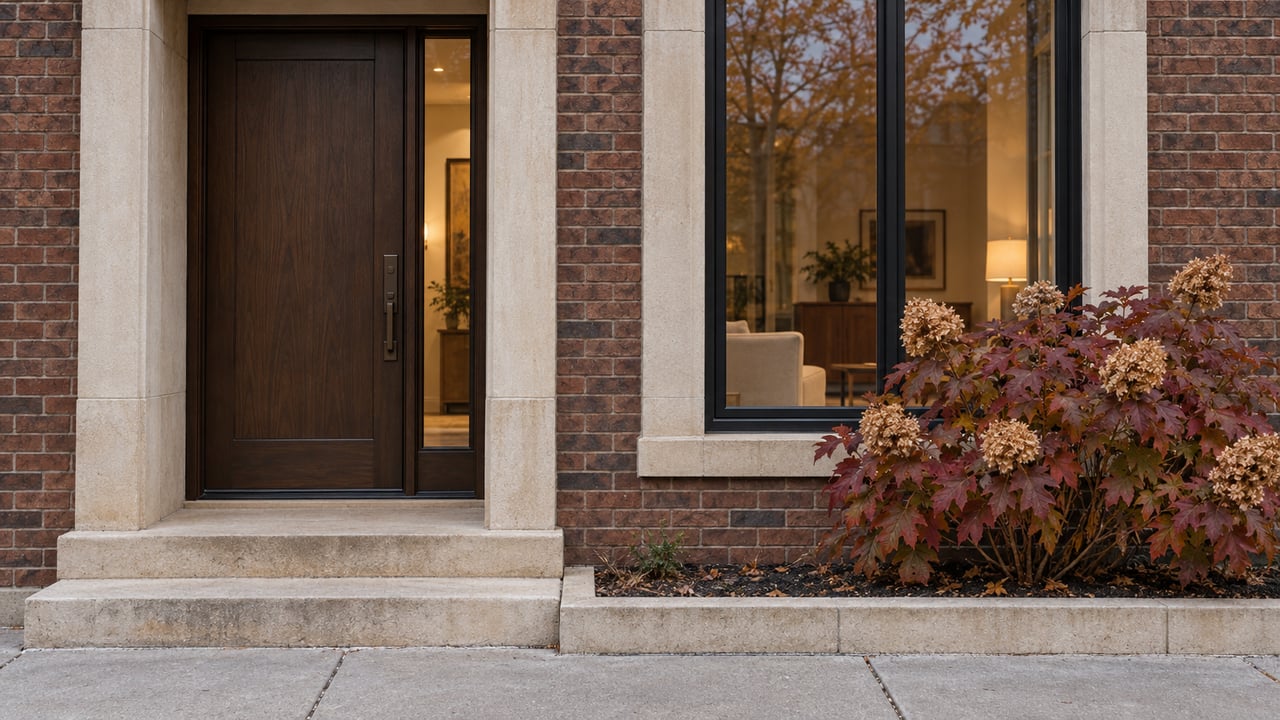 Red-brown brick townhome entrance with buff limestone trim, a smoked-oak door, tall black-framed window and autumn oakleaf hydrangea.