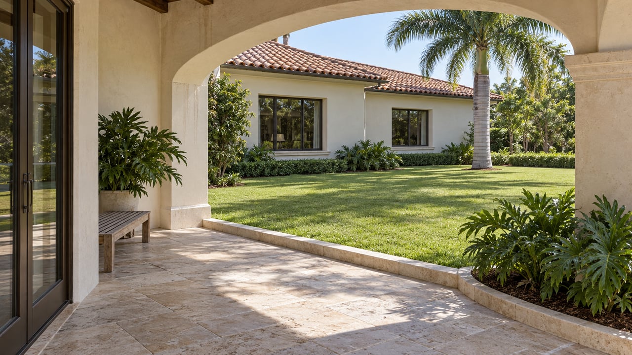 Shaded limestone terrace beneath a stucco arch, overlooking a broad lawn with a mature palm and a terracotta-roofed residential wing.