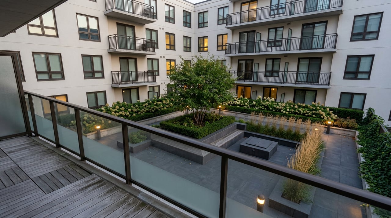 A condo courtyard with a built-in bench, fire feature, warm bollard lights, and balconies above.