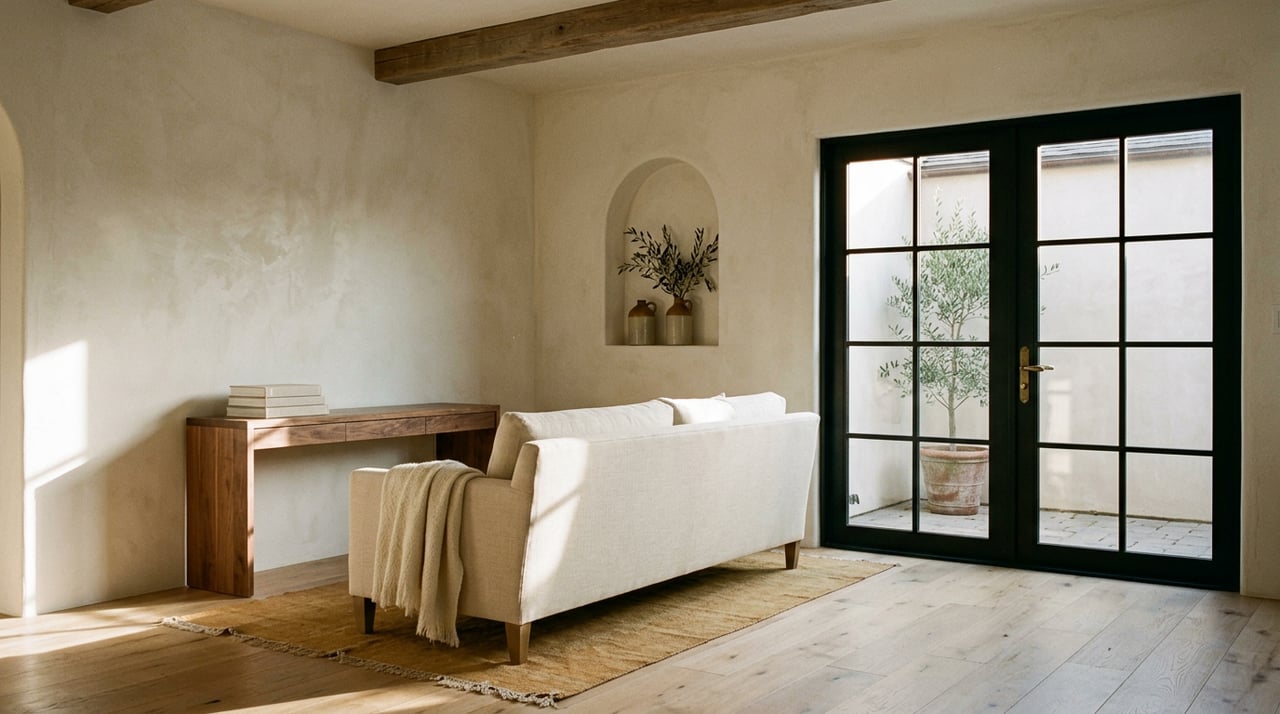 Living room with cream sofa, exposed beam, French doors, and a potted olive tree outside.