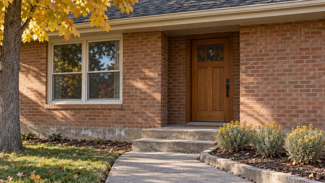 Russet-brick bungalow entry with a timber door, paired window sashes, worn concrete steps and gold autumn maple leaves.