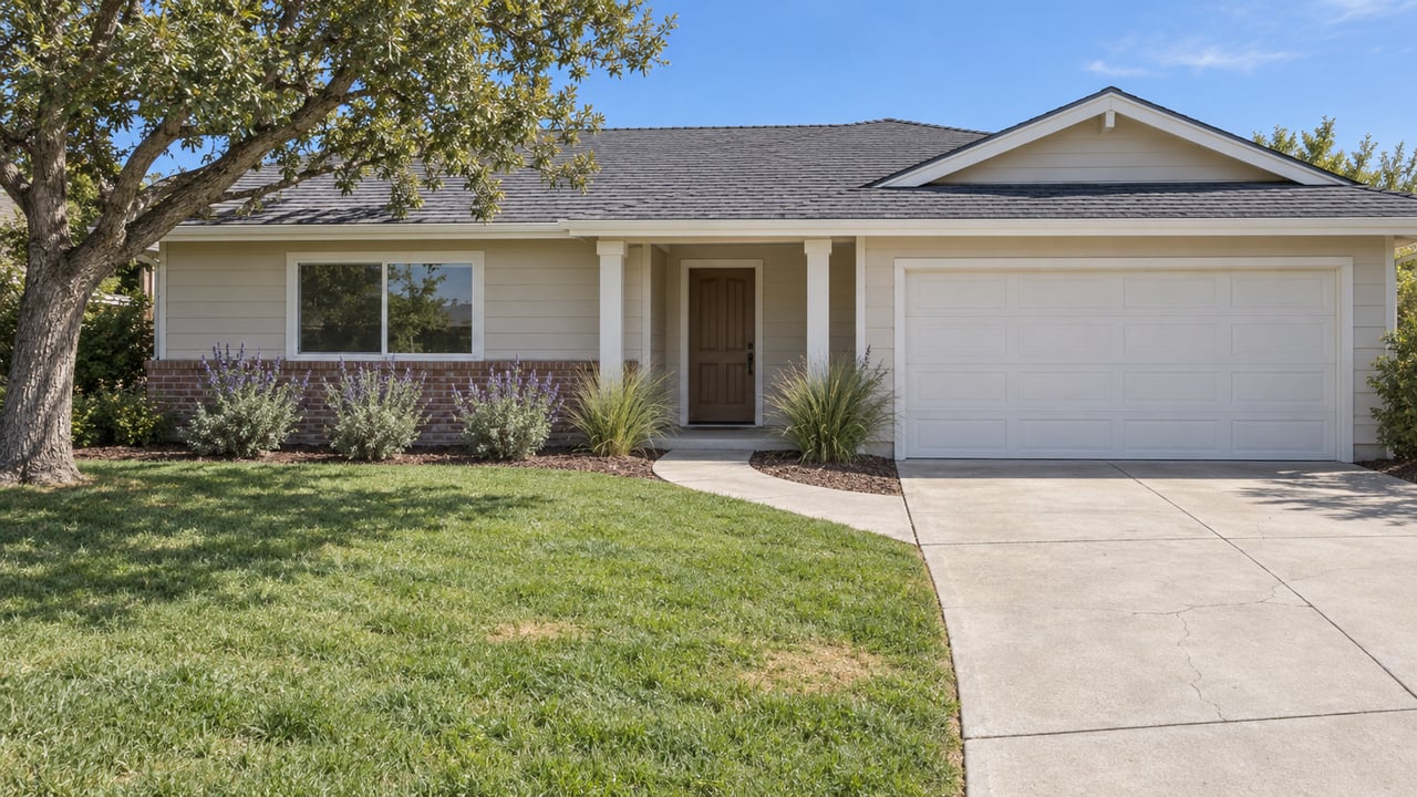 Sunlit single-story home with cream lap siding, a white two-car garage, curved concrete walk and front lawn beneath a mature oak.