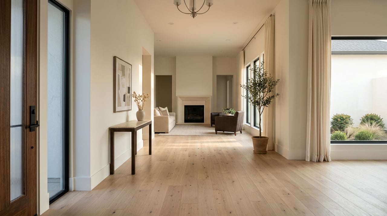 Foyer opening into a living room, with warm neutral decor and windows facing a stucco courtyard.