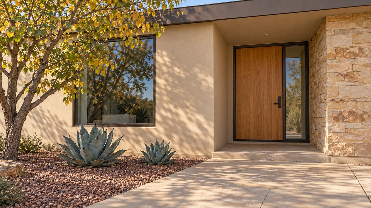 Sand-colored home entry with a wood door, sandstone wall, bronze-framed window, and two sculptural agaves beside a paved approach.